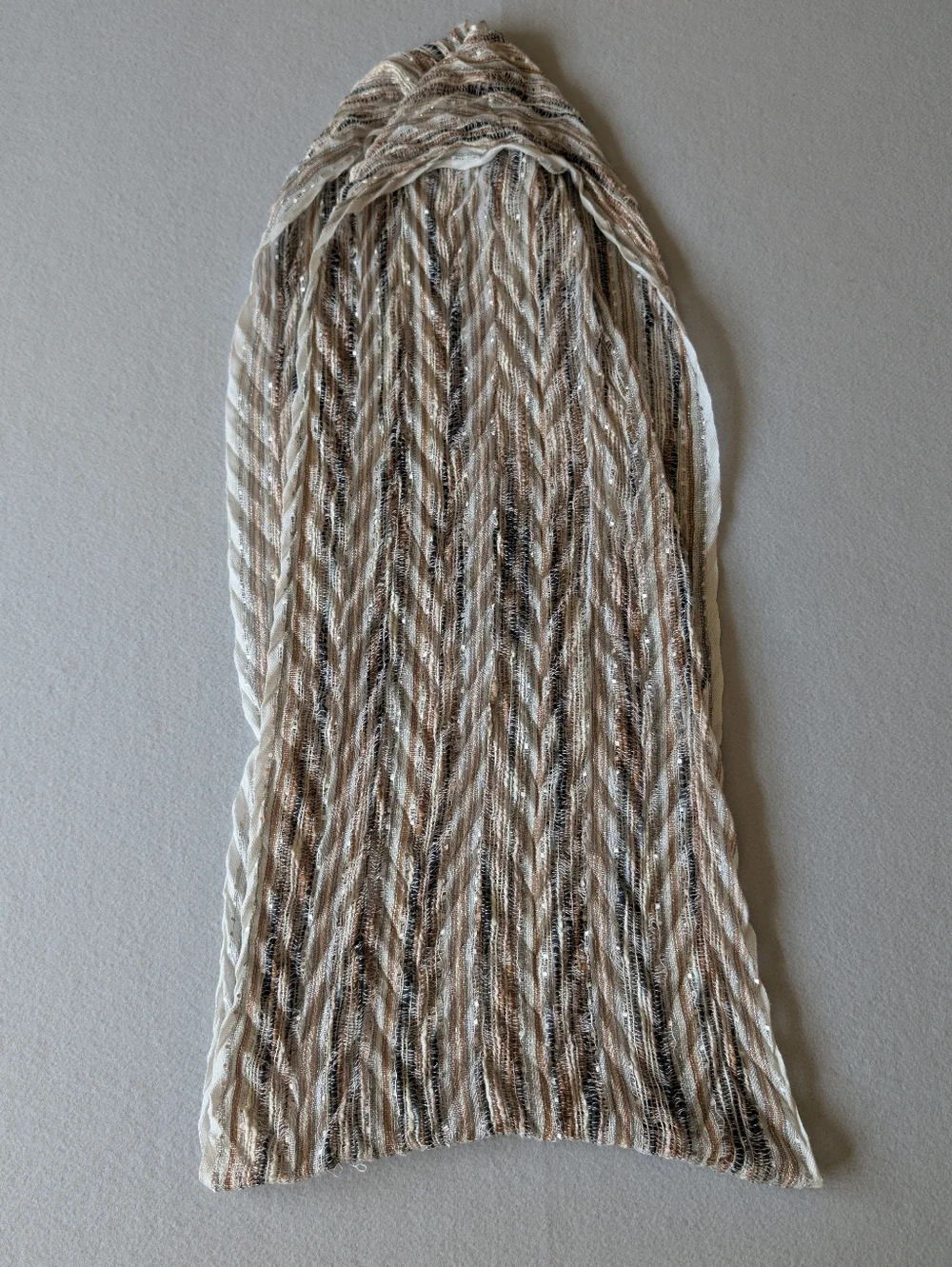 Metallic Multi-Tone Chevron Pleat Infinity Scarf Beige Brown & Silver Knit Sheer